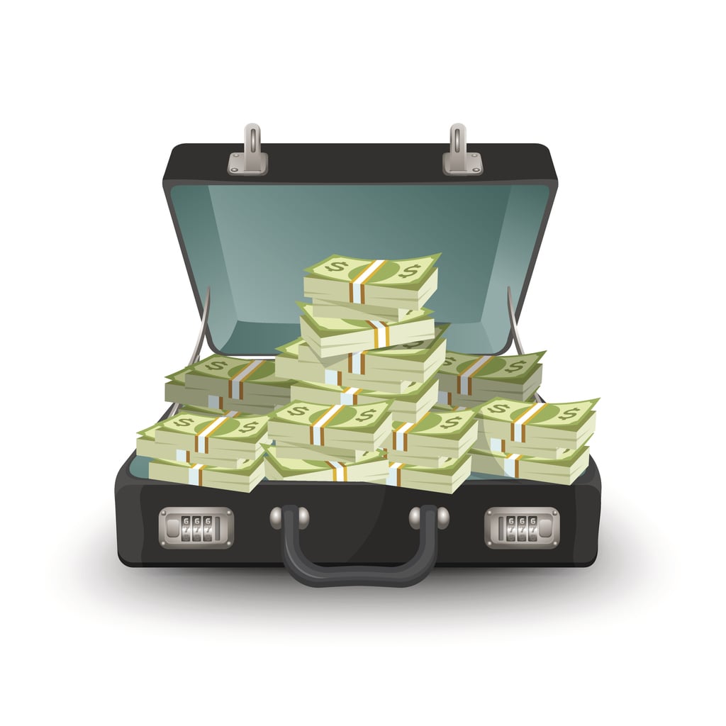 Open briefcase full of money vector illustration isolated on white. Suitcase staffed by dollar banknotes, leather case with cash