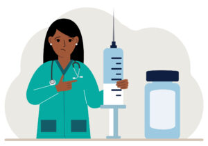 Female doctor with a large syringe and ampoule. Female doctor with a large syringe and ampoule.