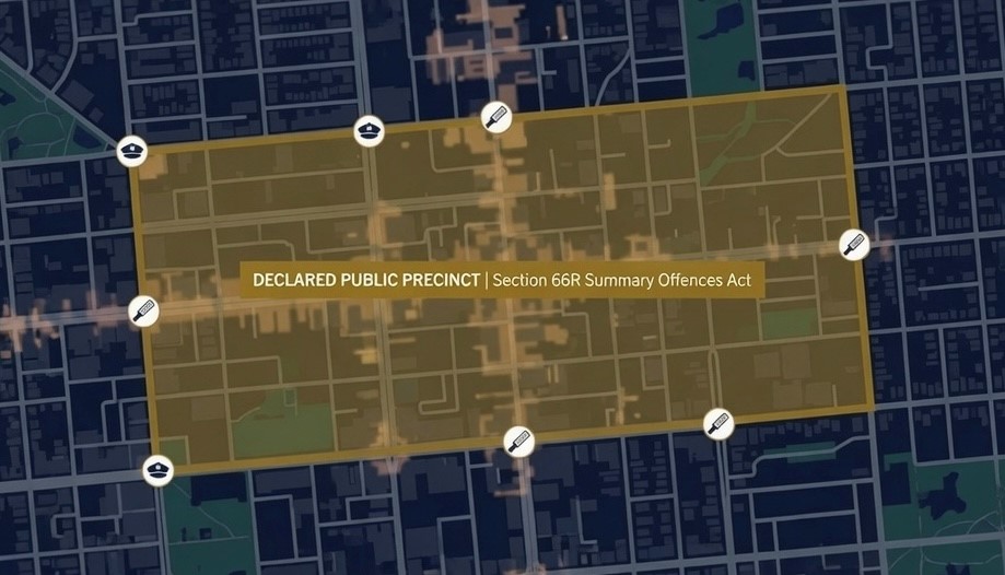 Map graphic defining the Declared Public Precinct search zone boundaries and metal detector wanding rules in Adelaide, South Australia.