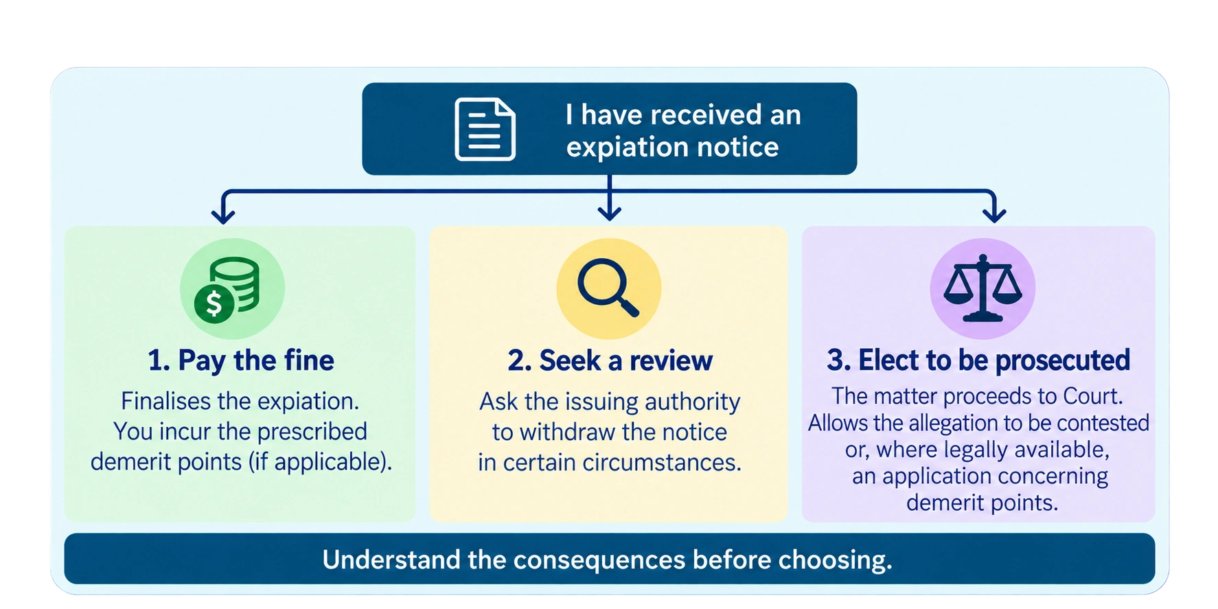Options after receiving a traffic fine: pay, seek a review or elect to be prosecuted.